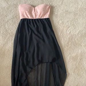 Strapless, high low pink and black dress